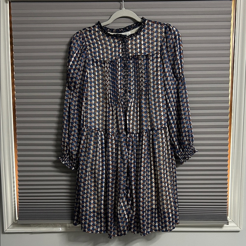 Zara Kids Printed Navy and White Long-Sleeve Tiered Dress